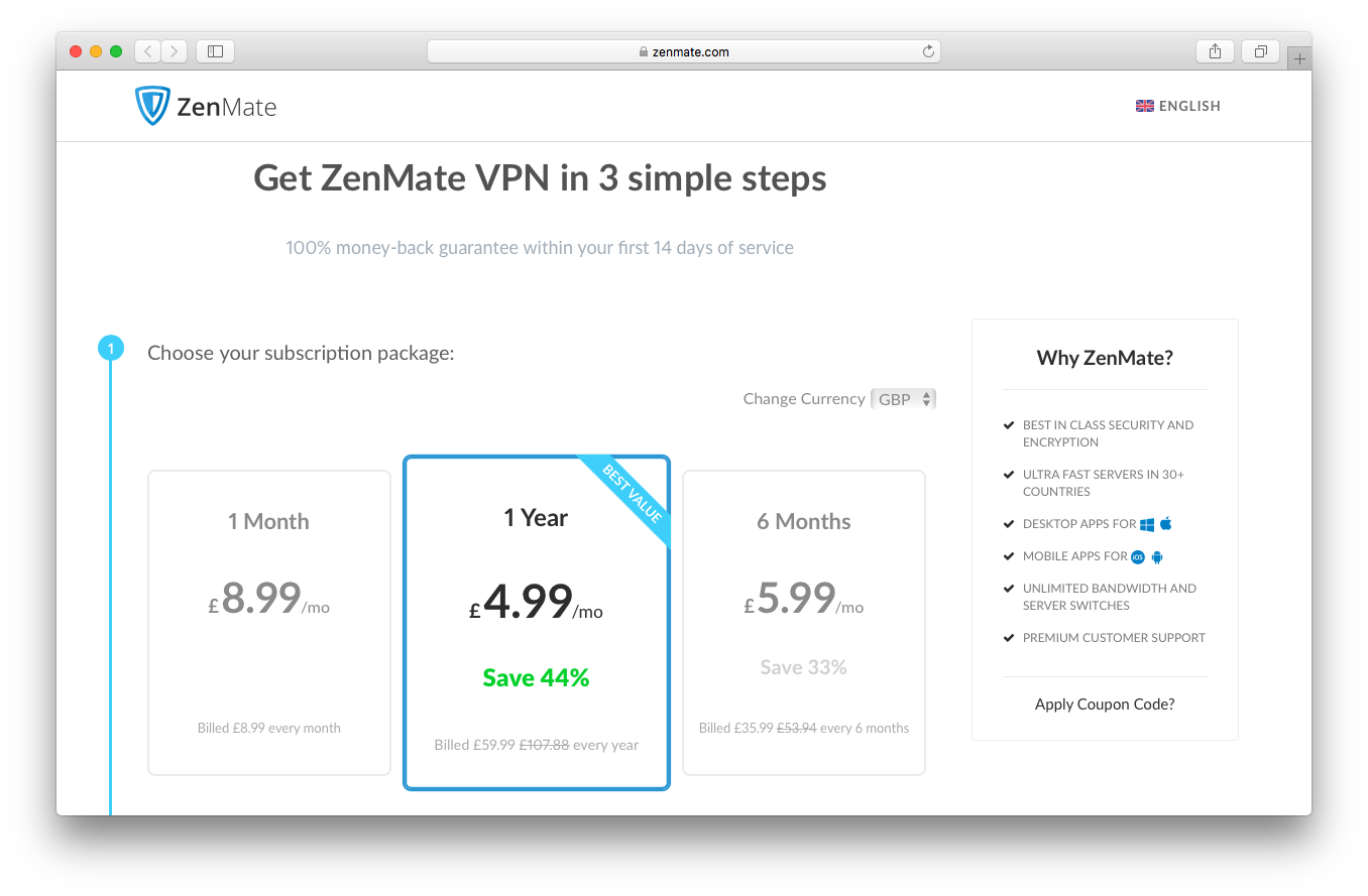 Zenmate pricing webpage screenshot subscription package 14 day money back guarantee