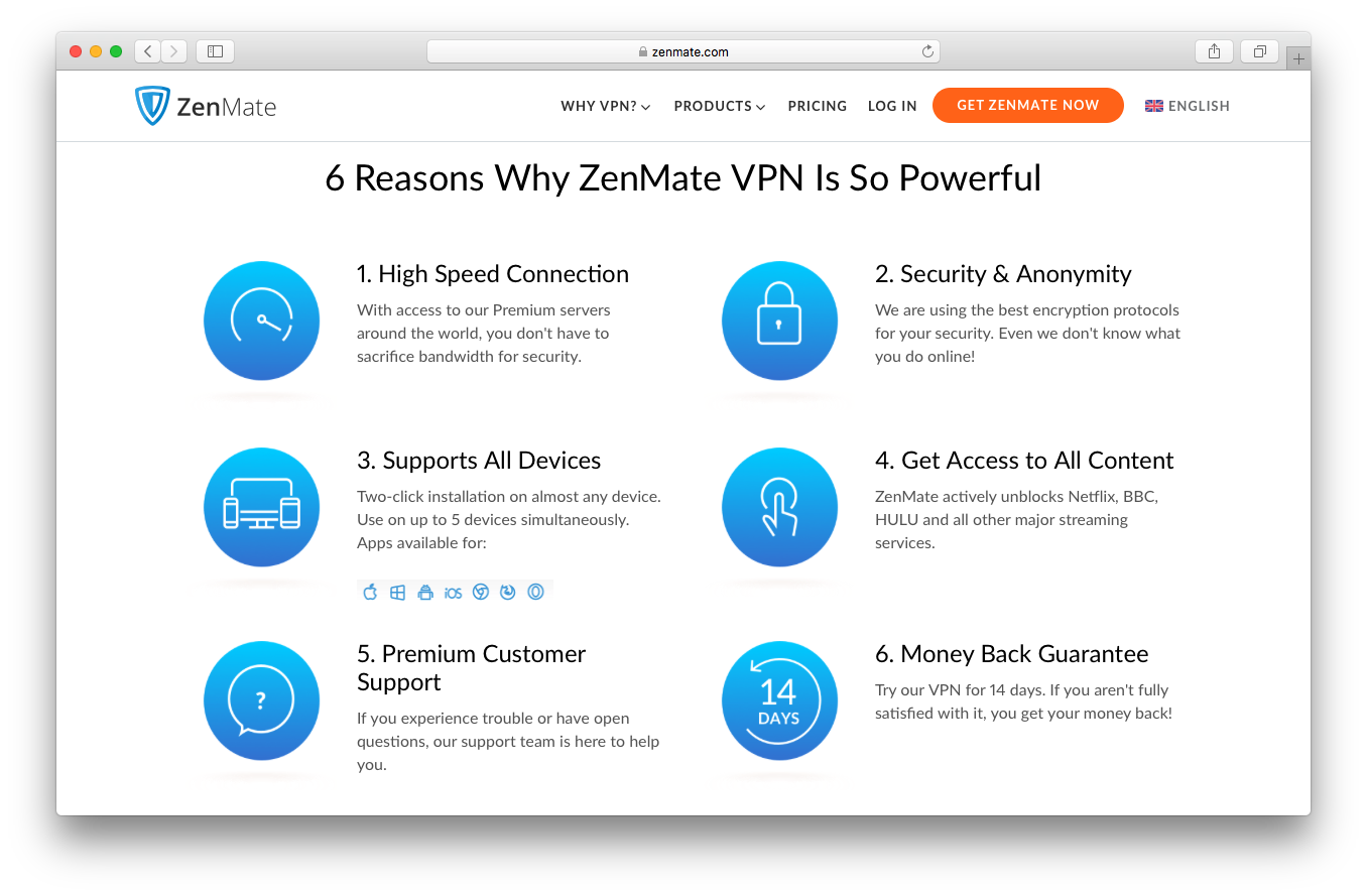 Zenmate homepage screenshot benefits 6 reasons powerful high speed connection security anonymity supports all devices access content premium customer support money back guarantee