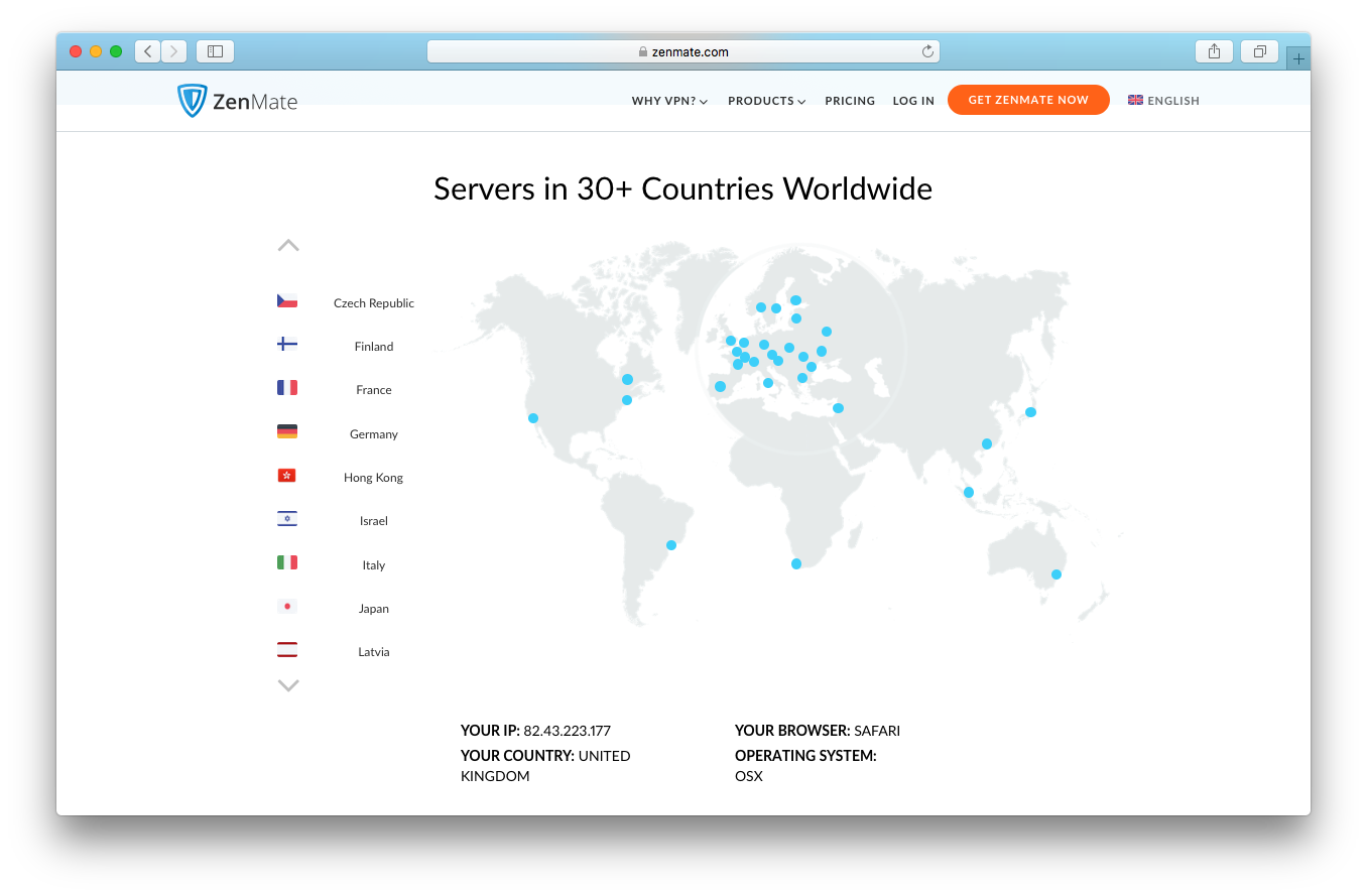 Zenmate homepage screenshot servers over 30 countries worldwide
